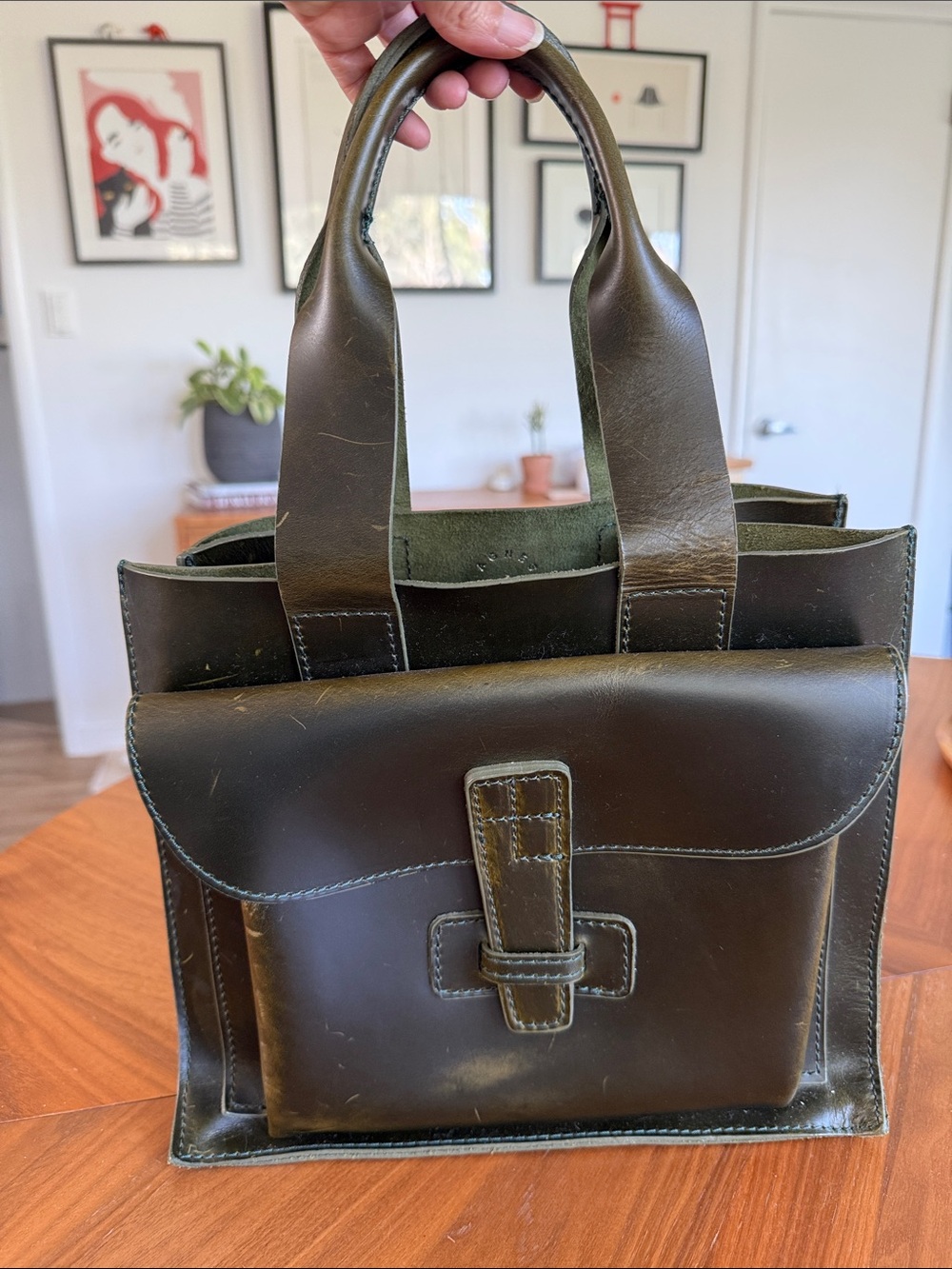 Agnes Baddoo - Classic Leather Satchel Bag in Olive Green - Women